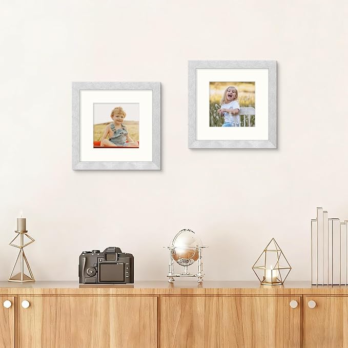 Picrit 8x8 Picture Frame Set of 12, Display 5x5 with Mat or 8 x 8 Without Mat, Photo Frames for Wall Mounting or Table Top Display, Silver