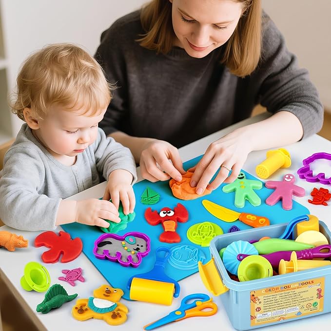 VConejo Dough Tools Play Sets for Kids, 37pcs Clay and Dough Accessories with Storage Container, Mat, Cutters, Rolling Pins, Safety Scissors, Stamps, Animal and 3D Dino Makers for Boys Girls