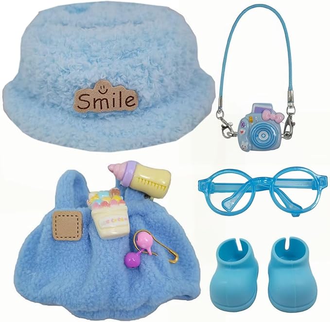 Doll Clothes Outfit and Accessories Suitable for 17cm Dolls, 5 Piece Set Romper Hat Camera Backpack Glasses Shoes (No Doll) Blue