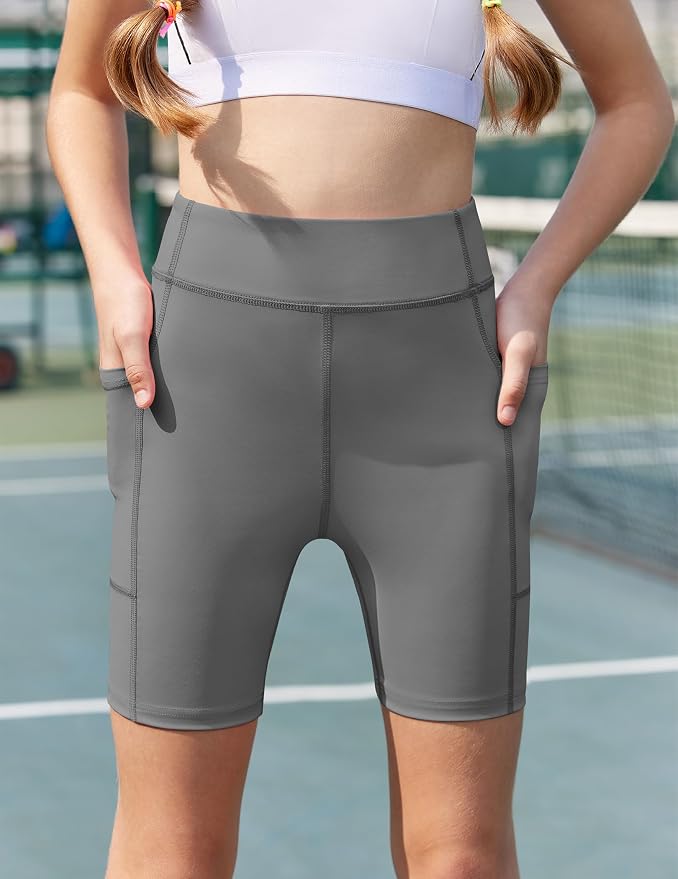 Zaclotre Girls Bike Shorts with Pockets Kids 5" High Waisted Yoga Workout Athletic Running Volleyball Spandex Shorts