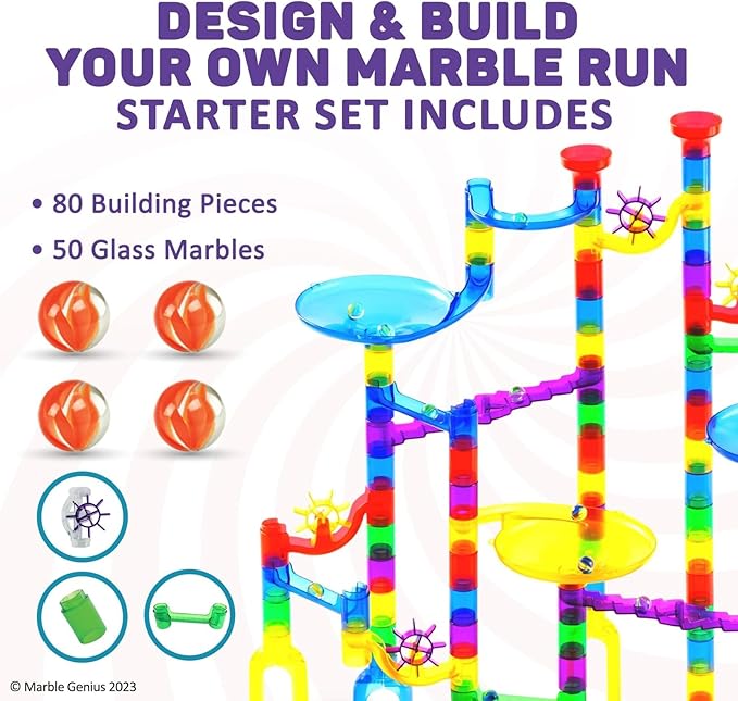 Marble Genius Marble Run - 130 Complete Pieces Maze Track Toys for Adults, Teens, Toddlers & Kids Aged 4-8 Years Old, (80 Translucent Marbulous Pieces + 50 Glass-Marble Set), Starter Set