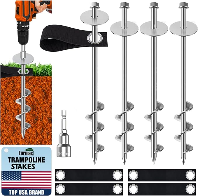 Eurmax USA 4 Pack Universal Ground Anchors High Wind, Heavy Duty Screw-in Trampoline Stakes with 4 Straps, Upgraded Commercial Anchor Kit for Outdoor Sheds, Swing Sets & Mobile Homes (Silver)