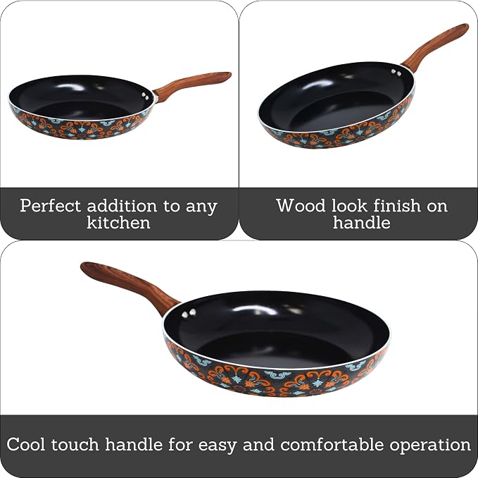 IMUSA 10 Inch Talavera Aluminum Black Ceramic Fry Pan with Woodlook Handle | Ceramic Nonstick, Glass Lid with Helper Handle, Deep Sauté Pan, Ideal for Family Cooking