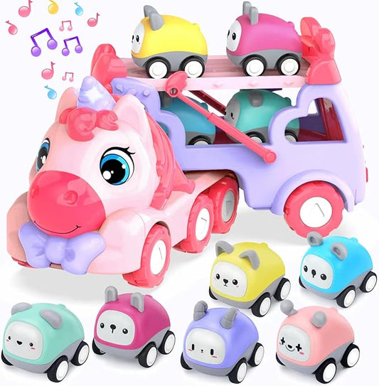 7 in 1 Carrier Truck Cars for Toddlers 1-3,Unicorn Car with Lights & Music,Toddler Girl Toys Age 2-4,Toys for 1 2 3 Year Old Girl Gifts Birthday for Baby Girls