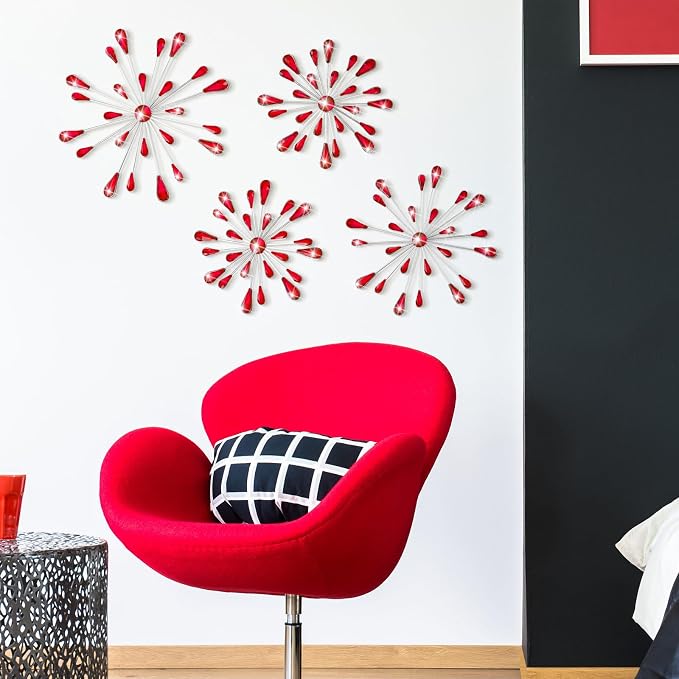 Hicarer 4 Pcs Starburst Wall Decor Bling Wall Art Crystal Teardrop 3D Hanging Rhinestone Radial Metal Artwork Modern Accent Sculptures Decorations for Living Room Home Office Bedroom (Red)
