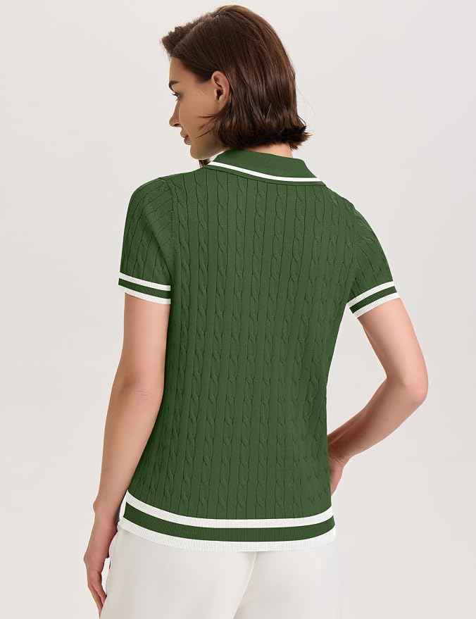 Micoson Womens Short Sleeve Sweater Tops Lapel V Neck Polo Shirts 2026 | Summer Cable Knit Loose Blouses, Business Casual Outfits