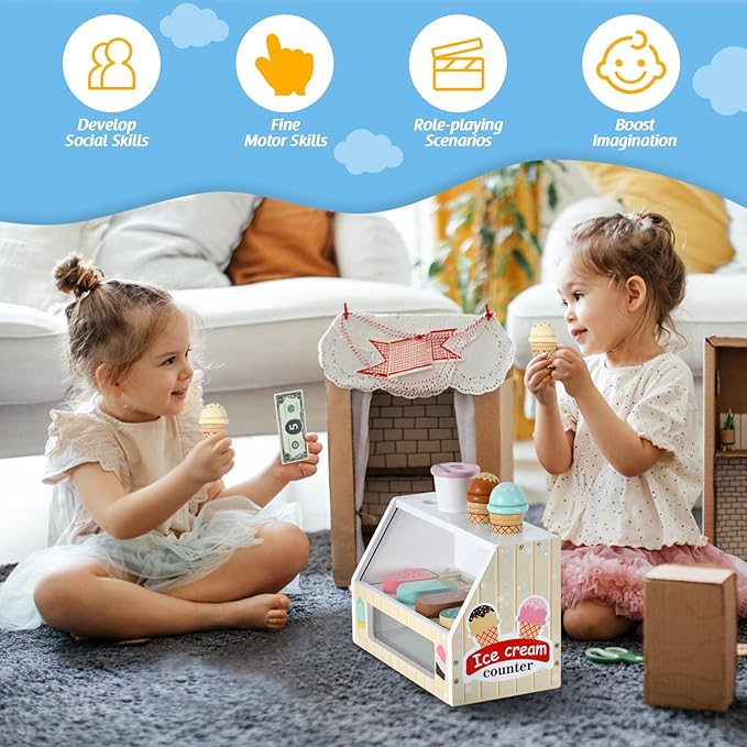 Wooden Ice Cream Toys Kids Play Store Pretend Toy for Toddlers, Play Kitchen Accessories with Scoop, Menu, Fake Money, Ice Cream Play Set Birthday Christmas Gifts for 3 4 5 6 Year Old Girls Boys