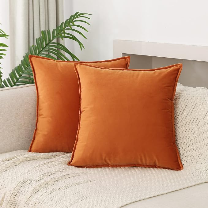 Velvet Orange Throw Pillow Covers 16”x16”Pack of 2 Soft Decorative | Square Cushion Covers for Couch Sofa Bed Livingroom Car Home Decor,40x40Cm