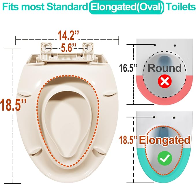 Elongated Toilet Seat with Built-in Potty Training Seat for Toddlers& Adults, Slow Close, Never Loosen, Heavy Duty, Ergonomic, Space Saving Toddler Toilet Seat, (Elongated 18.5", Oval, Bone/Almond)