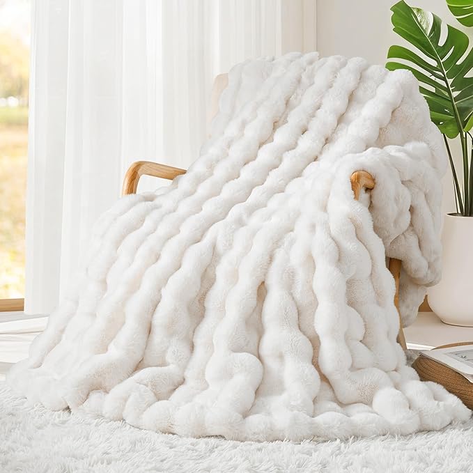 Luxury 1000GSM Rabbit Faux Fur Blanket, Super Heavy Warm Cozy Brown Blankets for Couch Bed Sofa, Ruched Plush Fuzzy Elegant Soft Reversible Mink Blanket for Living Room Bedroom, 90" x 90"