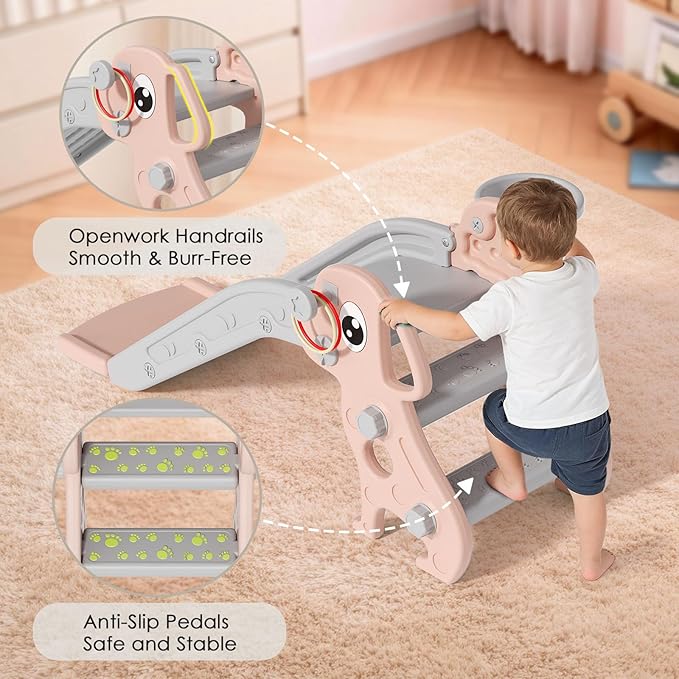 BIERUM Toddler Slide, 4 in 1 Kids Slide for Indoor Outdoor, Slide with Basketball Hoop & Ring Toss, Puppy Shaped Playset for Toddlers Age 1-3, Pink Gray