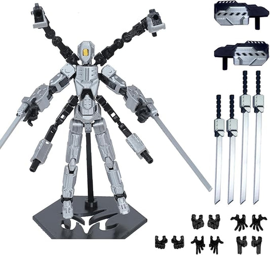 T13 Action Figure Set, 3D Printed Dummy 13, Titan 13 with 6 Arms, T 13 Multi-Jointed Movable, Lucky 13 Robot Desktop Decorations for Game Lovers Toys (Assembly Completed) (Gray)