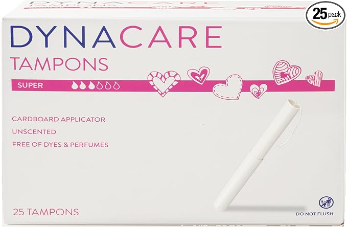 Dynarex Super Tampons – Feminine Hygiene Product with Cardboard Applicator – 7-Hour Protection – 1 Box of 25 Tampons