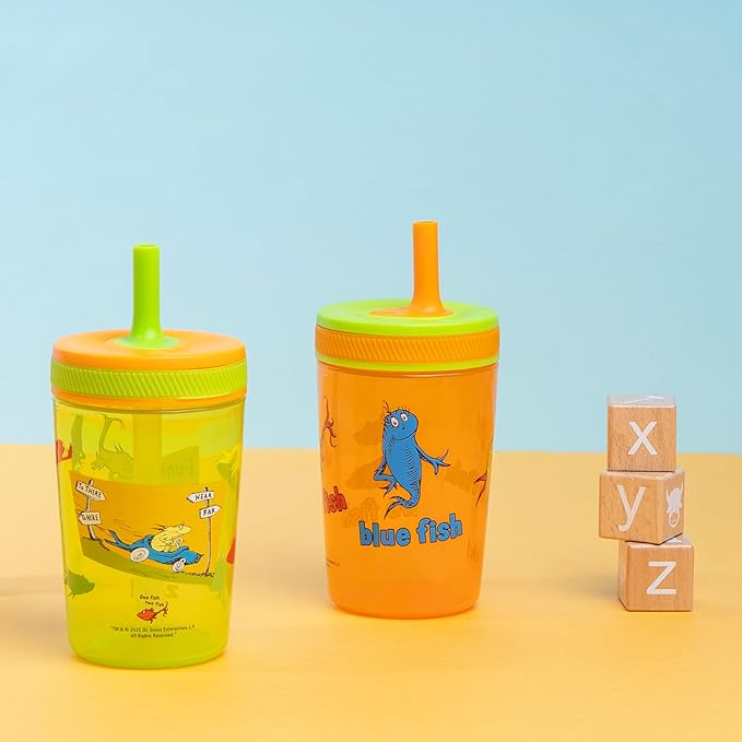 Zak Designs Dr. Seuss Kelso Toddler Cups For Travel or At Home, 15oz 2-Pack Durable Plastic Sippy Cups With Leak-Proof Design is Perfect for Kids (One Fish, Two Fish)