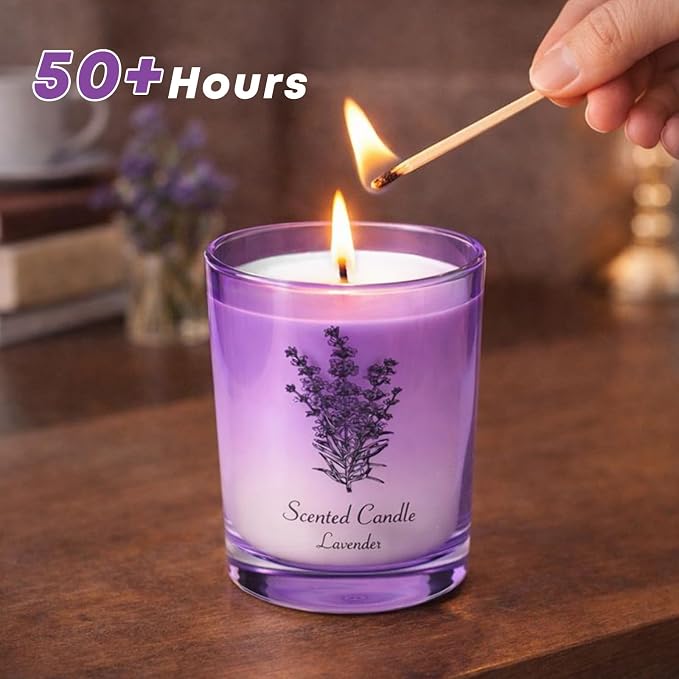 Lavender Soy Scented Candle for Women, Aromatherapy Glass Jar Candle with Wooden Lid, Home Fragrance Candle for Bedroom, Living Room and Bathroom, Gift for Birthday, Housewarming and Holidays