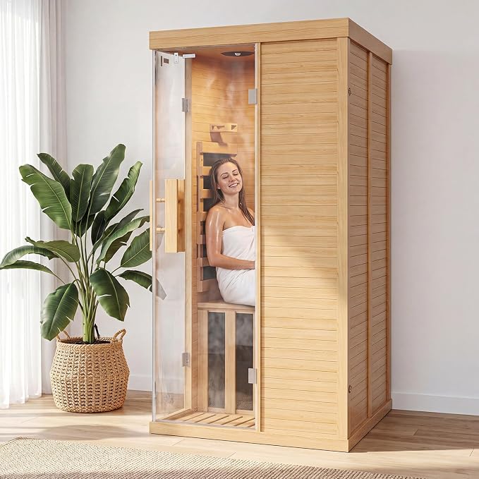 Infrared Sauna for Home, Sauna Spa Room Canadian Hemlock Wood with 10-Color Light , Bluetooth Speakers, Tempered Glass & Control Panel - 149℉ Heating, Indoor Dry & Steam Sauna – 33.5" x 33.5" x 67"