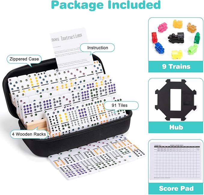 Mexican Train Dominoes Set with 4 Wooden Racks, Double 12 Dominos Game with 91 Dot Tiles, 9 Trains, Hub, Classic Family Board Game for Adults Kids, Travel,Party