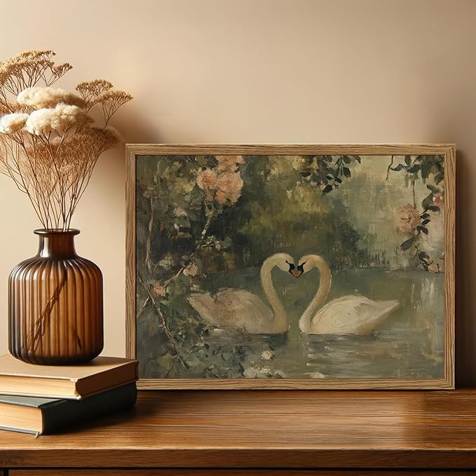 Framed Vintage Swan wall art, Rustic Romantic White Swan Pictures Wall Decor, Cottagecore Farmhouse Animal Paintings Canvas Prints Aesthetic Home Decor for Living Room Bedroom Bathroom 8x10 inch