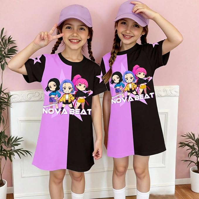 Girl's Anime K-POP Graphic Long Dress T-Shirt - Casual Loose Fit Short Sleeve Top