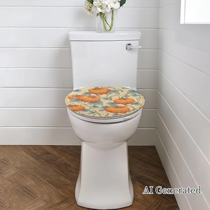 Pumpkin Vines Plush Toilet Seat Cover, Washable Elongated Oval Lid Protector, Beach Style Bathroom Decor Accessory