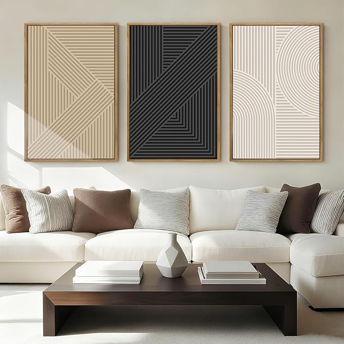 Large Neutral Abstract Wall Art Decor Framed Mid Century Modern Canvas Paintings Artwork for Living Room Bedroom Bathroom 36x24 Inch Set of 3