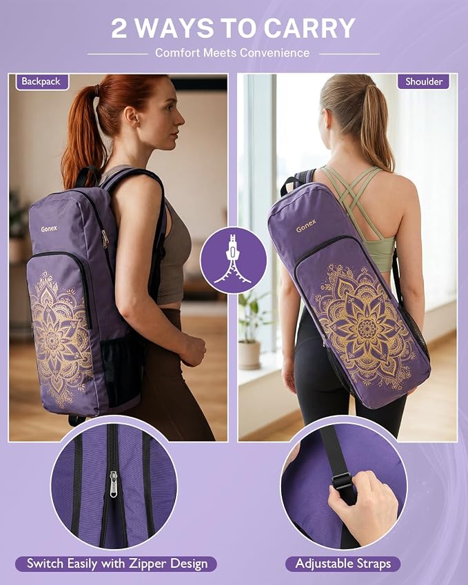 Gonex Yoga Mat Bag, 2 Carry Ways Yoga Backpack with Wet Compartment Metal Zippers for Women Men, Large Capacity Yoga Mat Carrier for Yoga, Gym, Travel