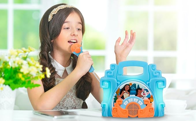 eKids Disney Moana Bluetooth Sing Along Boom Box with Microphone For Fans of Moana Toys, Kids Karaoke Machine with Built in Music and Flashing Lights