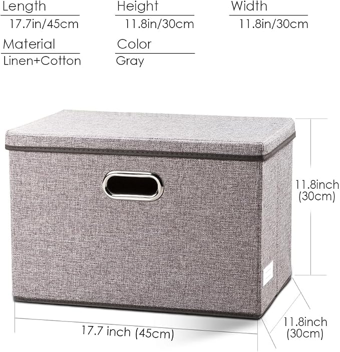 Large Collapsible Storage Containers with Lids [5-Pack] Linen Fabric Foldable Storage Bins Boxes Organizer Baskets Cube with Cover for Home Bedroom Closet Office Nursery (17.7x11.8x11.8)