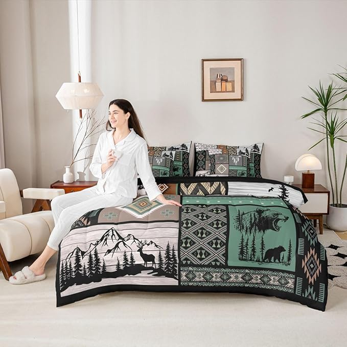 Feelyou Rustic Bear King Comforter Set with Sheets for Kids Boys Girls Retro Bohemian 7 Pieces Bedding Set Farmhouse Cabin Hunting Deer Bed in a Bag Buffalo Plaid Room Decor Soft Microfiber