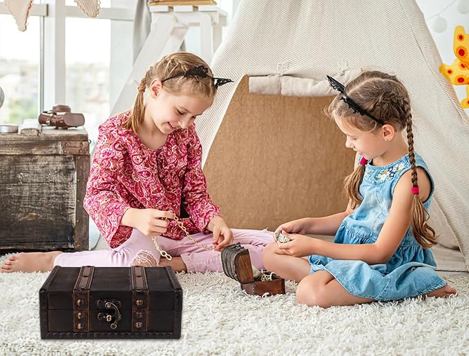 WaaHome Treasure Box for Kids 6.2" Pirate Treasure Chest Small Decorative Wooden Box for Storage Keepsakes Jewelry Tarot Cards Trinkets Dice and Home Decor Gifts