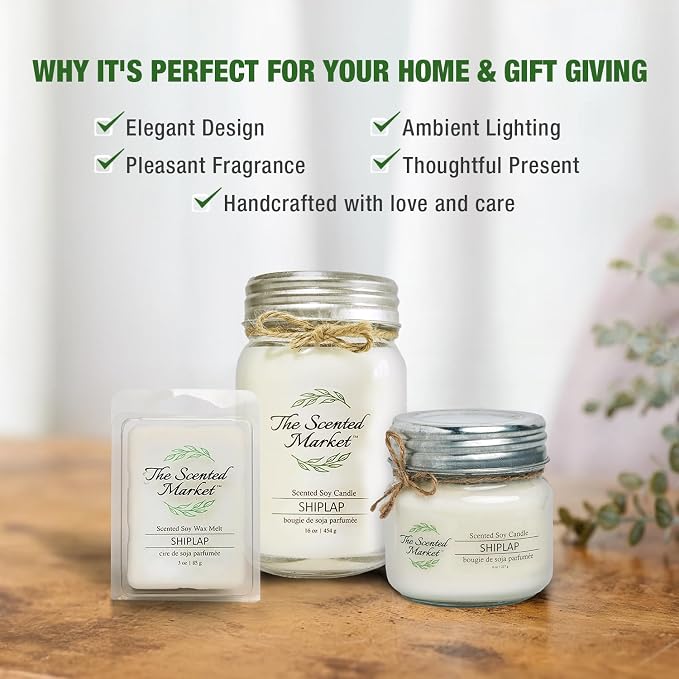 The Scented Market Aromatherapy Soy Wax Candle Shiplap 16 oz Mason Jar, Over 100 Hours of Burn Time, Ideal for Your Home and Gift Giving.