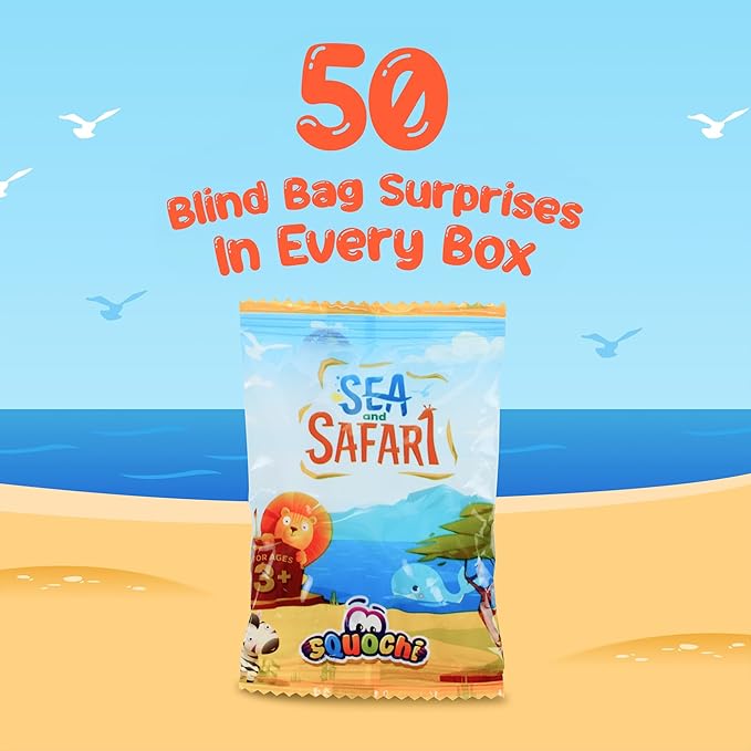 Sea & Safari Squishy Toys 50pcs – Collectible Mochi Fidget Toys in Blind Bags | Sea & Land Animal Shapes | Storage Tote, Playmat, Collector’s Guide | Party Favors, Sensory, Classroom Prizes