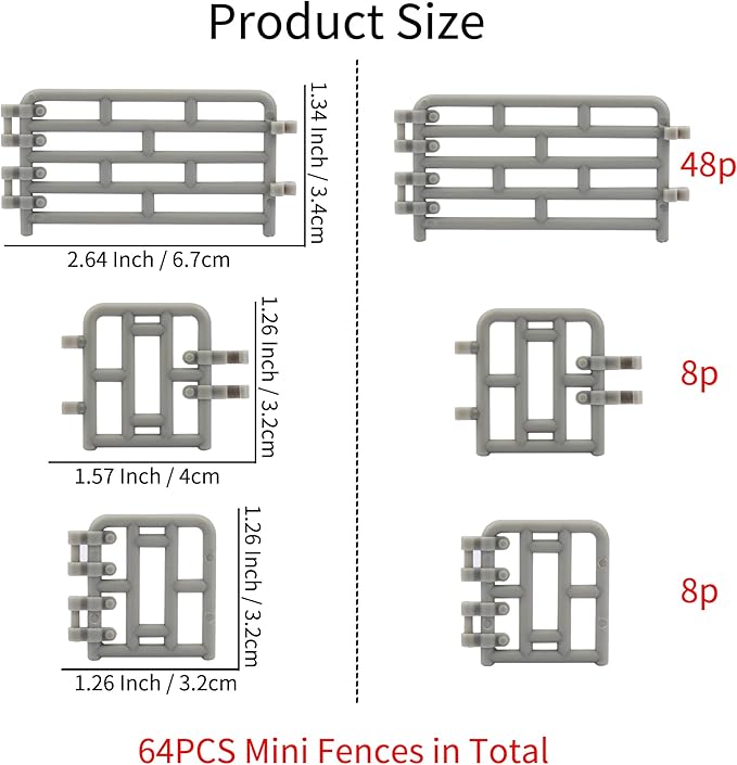 Toymany 64PCS Mini Toys Fence for Farm Animals - Tiny Horse Corral Plastic Fencing for Farm Barn Paddock Horses Figurines for Kids Toddlers