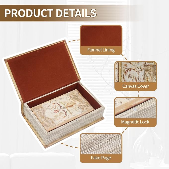 Decorative Book Boxes Set of 2 Magnetic Lock Faux Wooden Storage Book Box | Coffee Table Books Decor Retro Style Fabric Cover,Hidden Storage Secret Keepsake,Jewelry Trinket,Cash
