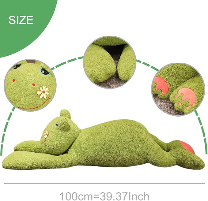 ELAINREN Ultra-Soft Green Frog Plush Sleeping Pillow, Large Lying Frog Stuffed Animals Toy, Realistic Frog Plushie Cushion Decor Gifts/39''