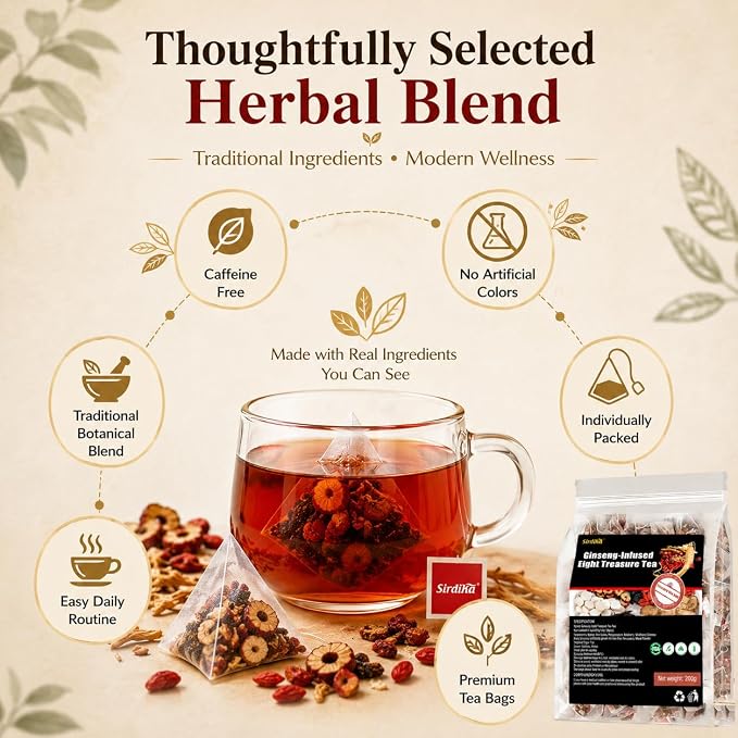 Ginseng-Infused Eight Treasure Tea Bags, Herbal Botanical Blend with Red Dates, Goji Berry & Traditional Ingredients, Naturally Sweet Daily Wellness Tea, Caffeine Free, 20 Count