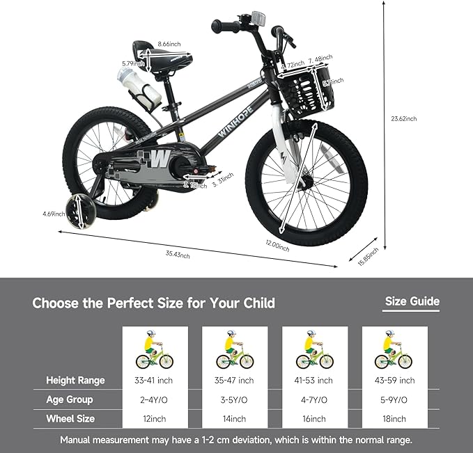 WinHope Kids Bike, 12-18 Inch Toddler Bicycle with Removable Training Wheels and Dual Brakes, Children Bike for Beginner with Adjustable Seat and Headlebar for 2-9 Years Boys Girls, Multiple Colors