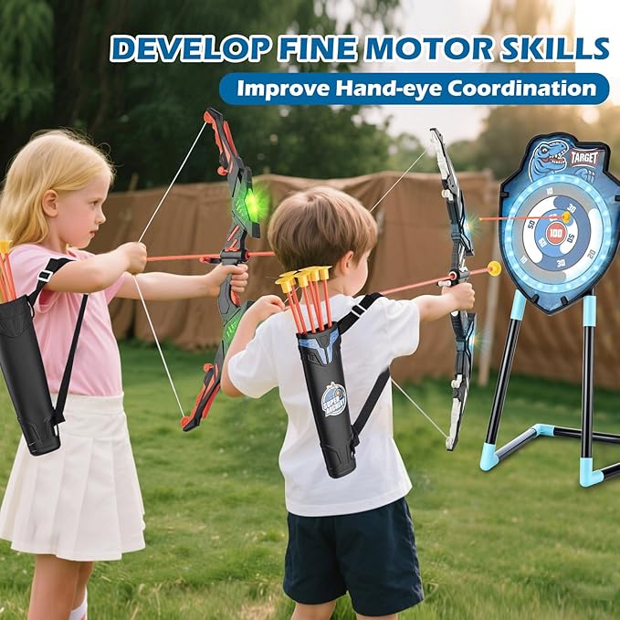LED Standing Target Archery Set with Bow & Arrows for Kids 4-12 Years Old, Outdoor Sports Toy Gift for Boys & Girls (Blue/Green)