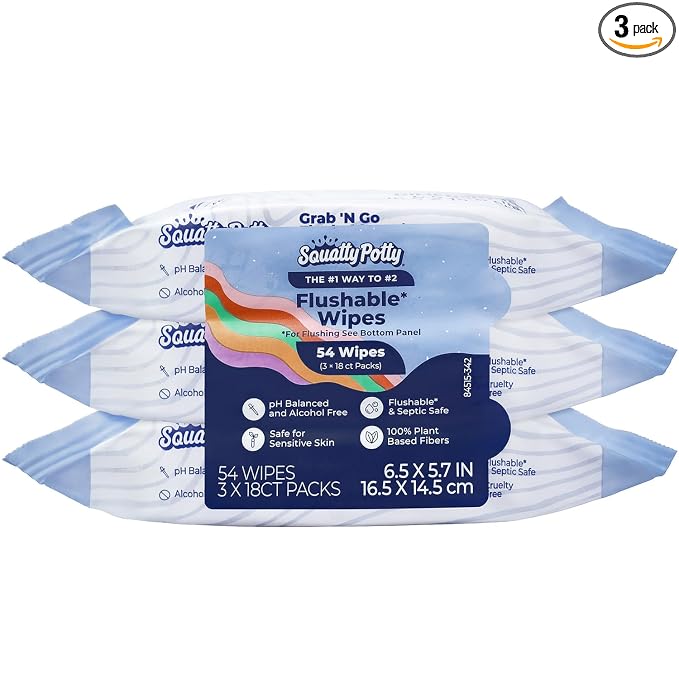 Squatty Potty Flushable Wipes for Travel or On the Go - 3 Pack (54 Total Wipes) - 99% Water & Plant-Based - Green Tea, Cucumber & Aloe Spa Scent - pH Balanced - Septic Safe Adult Wet Wipes