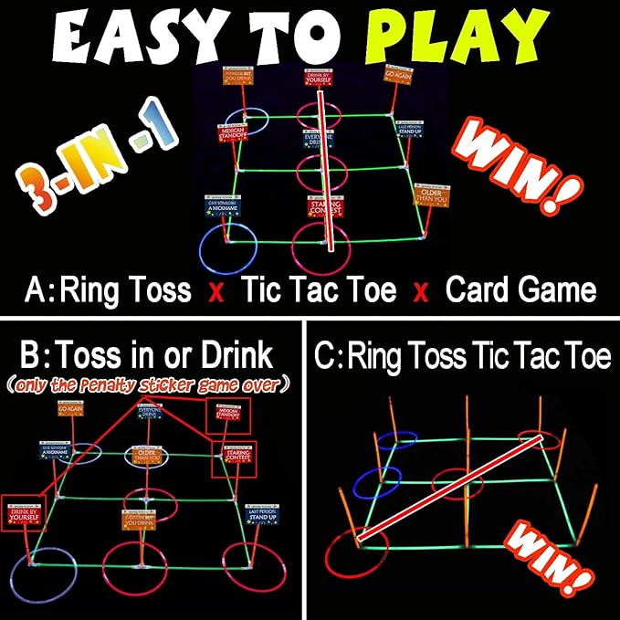18.2Inch 3-in-1 Glowing Ring Toss Tic Tac Toe Outdoor Game for Adults and Family, Camping Games, 5 Blue Rings & 5 Red Rings