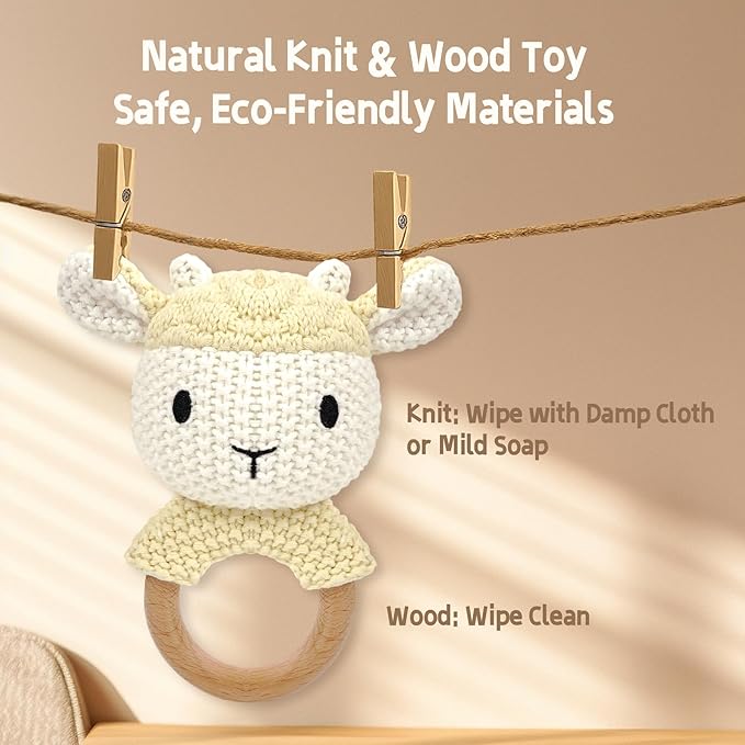 Sheep Baby Rattle for Newborn Plush Rings Crochet Lamb Teether Toy Wood Handle Textured Sensory Grip Fine Motor Skills Teething Toy Cute Farm Animal Plush Stuffed Stuffer Photo Prop