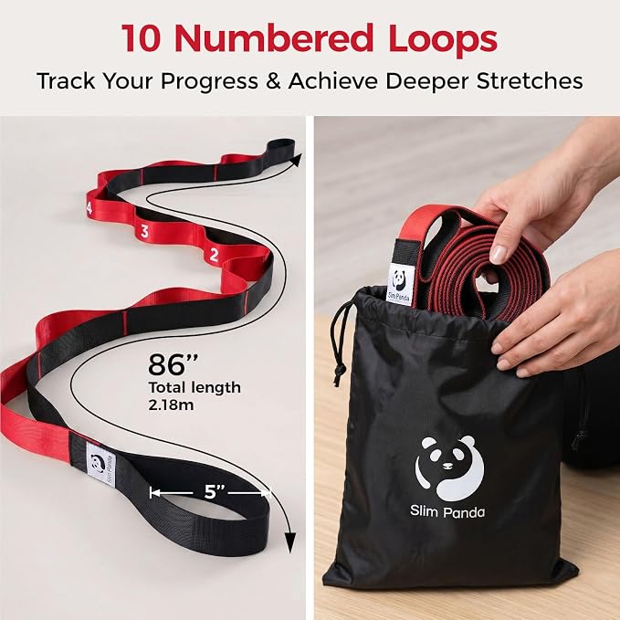 Slim Panda Stretching Strap with Loops - Non-Elastic Heavy Duty Nylon Yoga & PT - Oversized Multi-Loop Home Rehab - Hamstring Shoulder Pilates Flexibility
