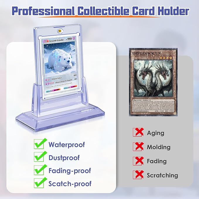 8Pcs Magnetic Card Holders for Trading Card, Baseball Card Protectors with 8 Stands, 35pt Acrylic Hard Card Sleeves Case for Sports Cards, Game Cards, Standard Cards Storage and Display