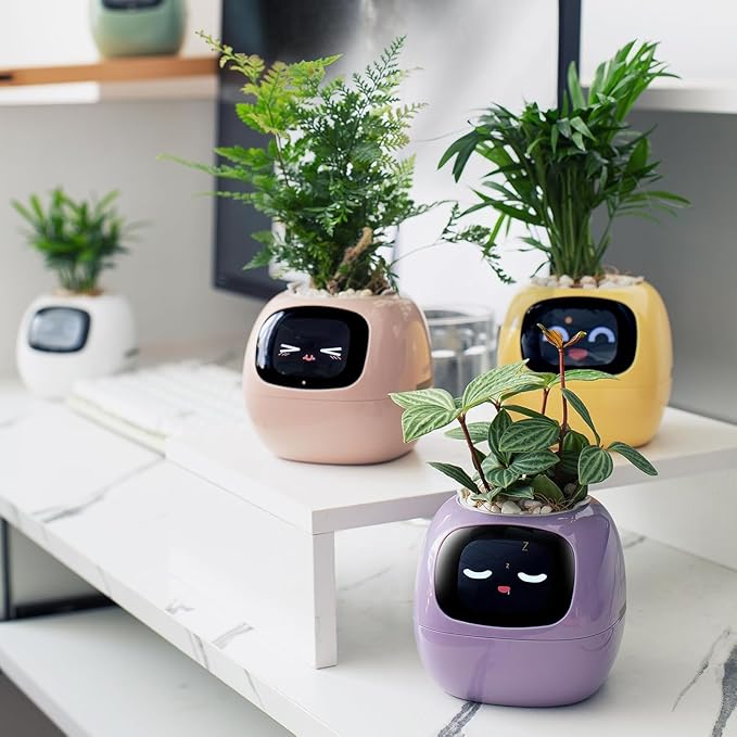 Ivy Intelligent Flower Pot for Home Decoration Plants Companion Neat Desk Setup Gift Smart Pet Planter Robot Guidance on Plant Care with Emojis Pet Friends (White)
