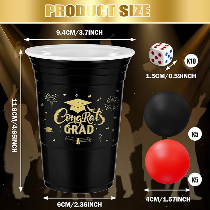 60PCS Pong Game Set, 16 Oz Disposable Plastic Party Cups for Cup Pong Games, College Parties & Graduation Celebrations - Red & Black