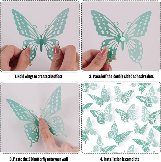 SAOROPEB 3D Butterfly Wall Decor 48 Pcs Pale Turquoise Butterfly Decoration | 4 Styles 3 Sizes, Birthday Decorations&Butterfly Party Decorations&Butterfly Cake Decorations-Removable