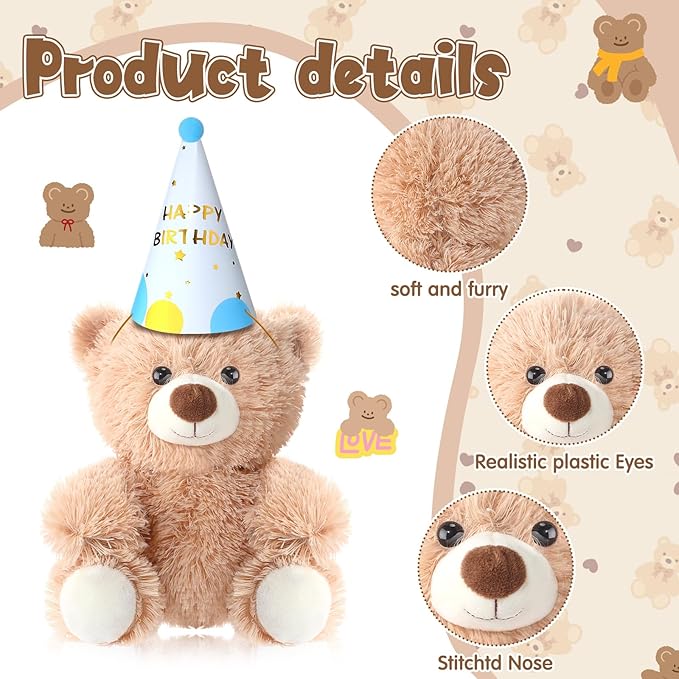 HyDren 12 Sets Adopt a Bear Favors Includes 10 Inch 12 Mini Stuffed Bear Plush Bulk Adoption Cards Birthday Hats with Bags for Adopt a Pet Party Birthday Supplies Gifts