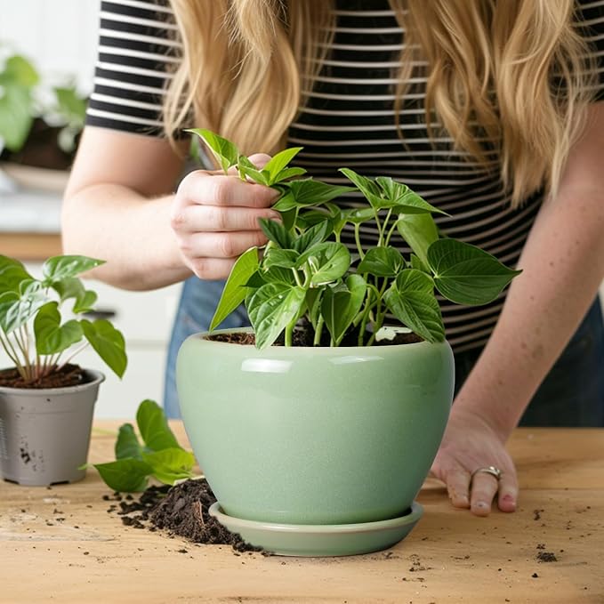 Ceramicfor 6 Inch Plant Pot - Ceramic Planter for Indoor Plants Round Planter Outdoor Plant Pot with Drainage Hole and Saucer Modern Flower Pot for Succulent Garden Green