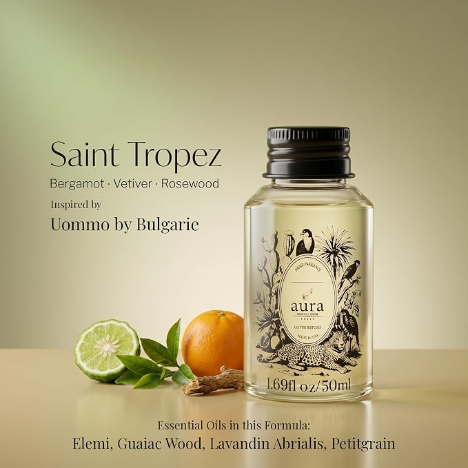 Aura Saint Tropez | Bergamot, Rosewood & Vetiver Fragrance Oil for Diffusers - Inspired by Bul.geri Homme | 1.7 fl oz (50ml) | Clean Woody Luxury Scent | Aromatherapy | Home & Office