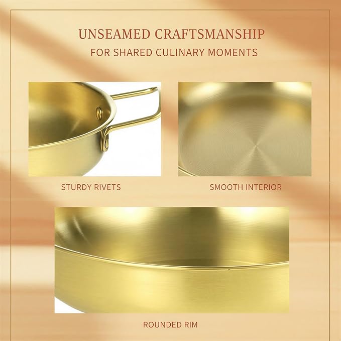 3 Pieces Gold Korean Ramen Pots Set, Stainless Steel Cooking Pan with Flat Bottom and Dual Ear Handles, Universal Stove Top for 8.7 x 8.7 x 2.8 in, 7.9 x 7.9 x 2.4 in, 7.1 x 7.1 x 2 in